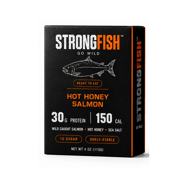 STRONGFISH Salmon Hot Honey carton — wild-caught salmon with hot honey glaze, 30g protein