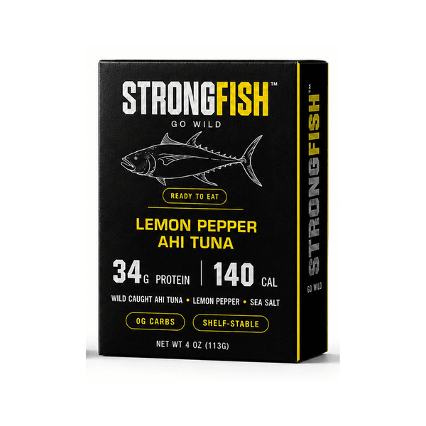 STRONGFISH Ahi Tuna Lemon Pepper carton — wild-caught ahi tuna with lemon pepper, 31g protein