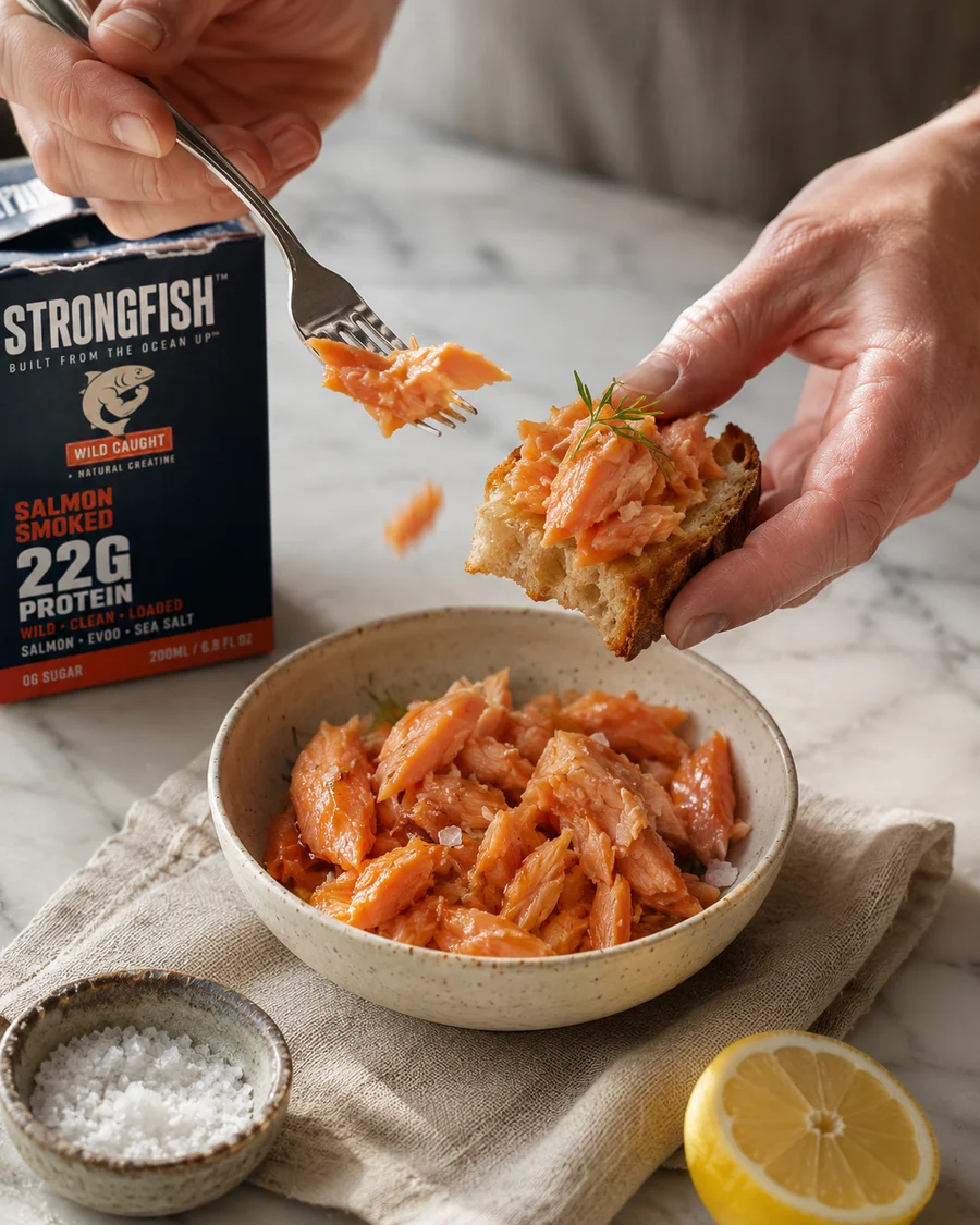 STRONGFISH Salmon Hot Honey spooned onto sourdough toast