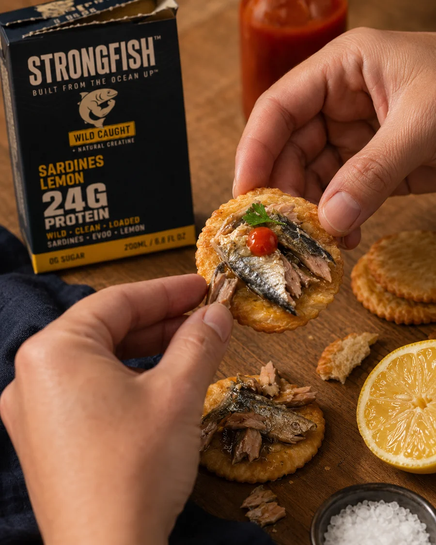 STRONGFISH Sardines Lemon on crispy crackers with hot sauce