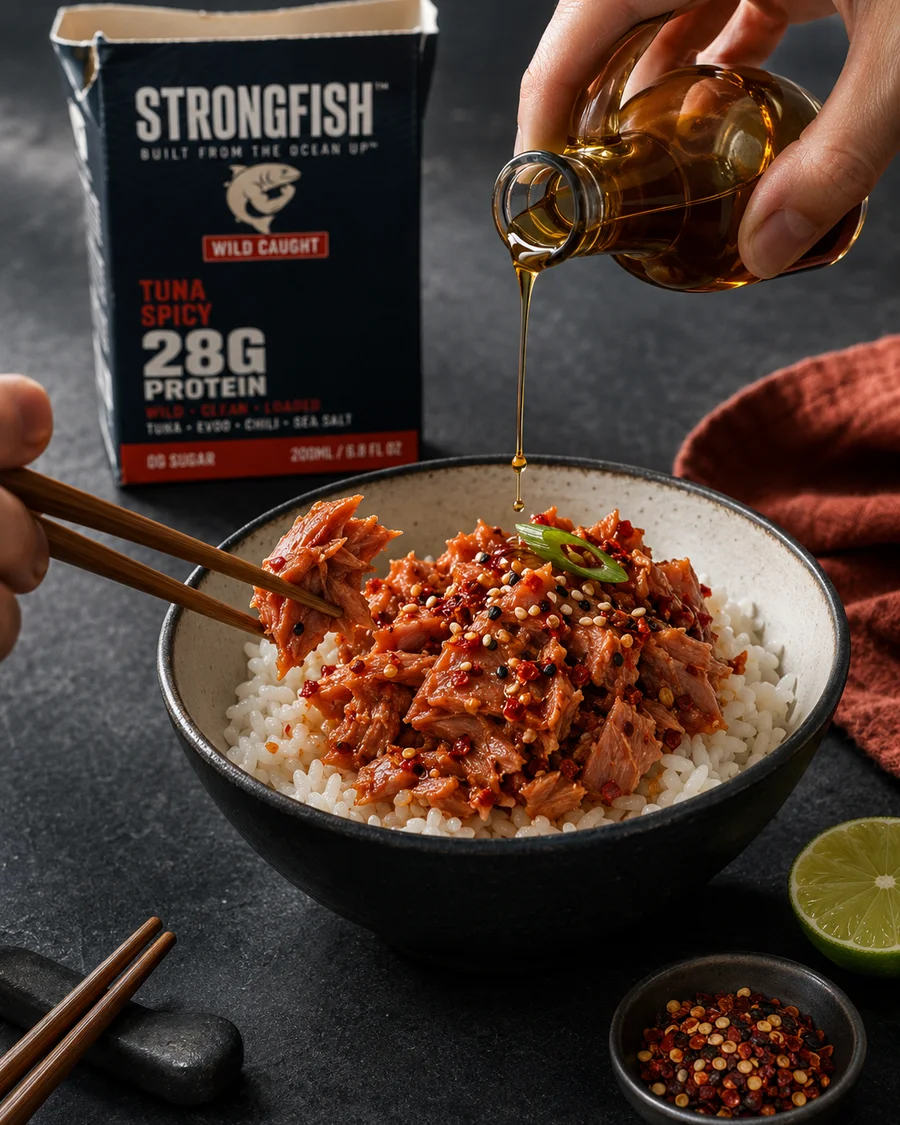 STRONGFISH Ahi Chili Crisp over white rice with chili oil